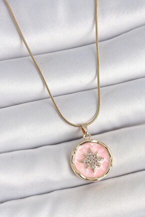 316L Çelik Gold Renk Zincir Pembe Mineli Zirkon Taşlı Kuzey Yıldız İşlemeli Madalyon Model Kadın Kol