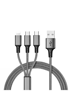 3IN1 GÜMÜŞ 1.2 METRE (MICRO USB - LIGHTNING - TYPE C) TELEFON ŞARJ KABLOSU (4767)