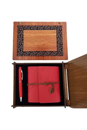 Ahşap Kutulu Kırmızı Deri Defter Ve Metal Kalem Set