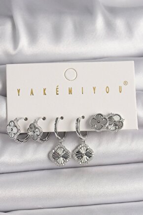 Muı Muı Pirinç Gümüş Renk Zirkon Taş Detaylı Vıp Seri Yonca Model Kadın Küpe Kombini