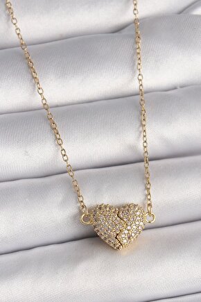 316L Çelik Gold Renk Zincir Zirkon Taşlı Mıknatıslı Kalp Model Kadın Kolye
