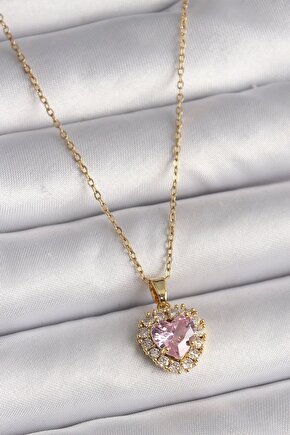 316L Çelik Gold Renk Zincir Pembe Zirkon Taşlı Kalp Model Kadın Kolye