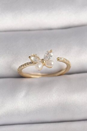 Pirinç Gold Renk Zirkon Taşlı Kelebek Mode Inci Detay Ayarlanabilir Yüzük