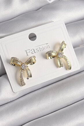 Pirinç Gold Renk Zirkon Taşlı Fiyonk Model Kadın Küpe