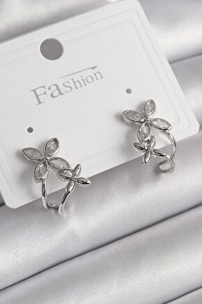 Pirinç Gümüş Renk Zirkon Taşlı 2li Çiçek Model Kadın Küpe