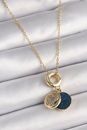 316l Çelik Gold Renk Zincir Zirkon Taşlı Kalp Model Mavi Simli Kadın Kolye