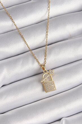 316l Çelik Gold Renk Zincir Zirkon Taşlı Asma Kilit Anahtar Model Kadın Kolye