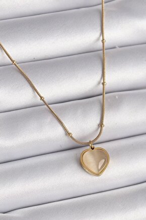 316L Çelik Gold Renk Kedi Gözü Sedefli Kalp Model Kadın Kolye