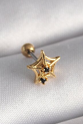 316l Çelik Gold Renk Siyah Zirkon Taş Detay Örümcek Ağ Model Tragus Piercing