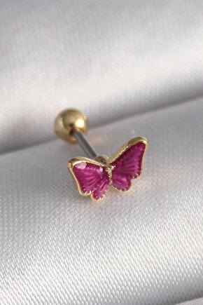 316l Çelik Gümüş Renk Pembe Kelebek Model Tragus Piercing
