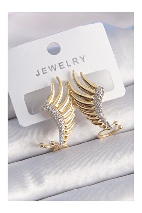 Pirinç Gold Renk Zirkon Taşlı Kanat Model Kadın Küpe
