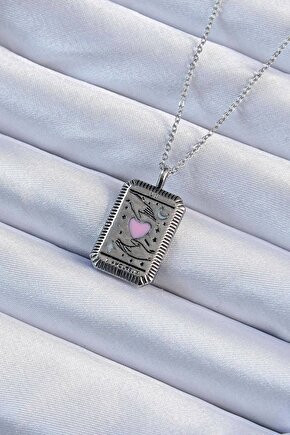 316l Çelik Zincir Eskitme Gümüş Renk Pembe Mineli Kalp Figürlü Tarot Kolye