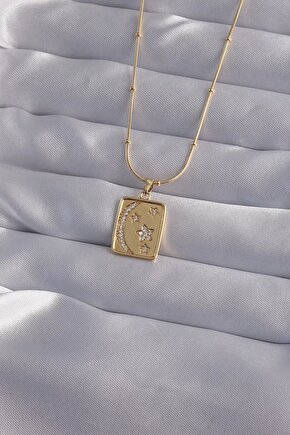 316L Çelik Zincir Gold Renk Zirkon Taşlı Ay Yıldız Figürlü Tarot Kolye