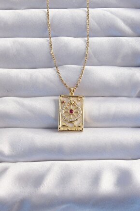316l Çelik Zincir Gold Renk Pembe Zirkon Taşlı Tarot Kolye