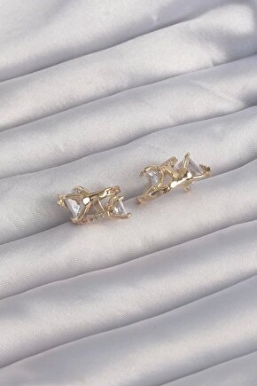 Pirinç Gold Renk Iri Zirkon Taşlı Kıvrımlı Minimal Kelebekli Halka Küpe