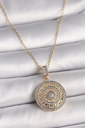 316L Çelik Gold Renk Zincir Zirkon Taşlı Madalyon Model Labirent İşleme Kadın Kolye