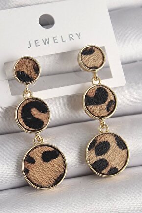Pirinç Gold Renk 3lü Leopar Desenli Sallantı Daire Plaka Model Kadın Küpe
