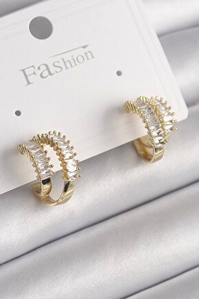 Pirinç Gold Renk 2Li Zirkon Taşlı Halka Model Kadın Küpe