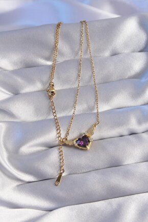 Çelik Zincir Gold Renk Mor Zirkon Taşlı Kanatlı Kalp Kolye