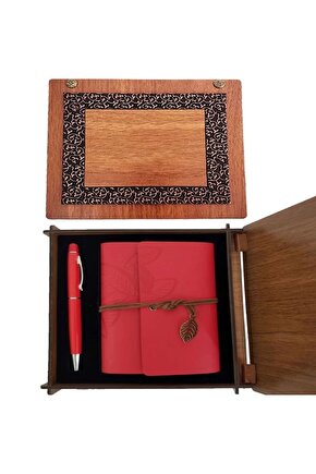 Ahşap Kutulu Kırmızı Deri Defter Ve Metal Kalem Set