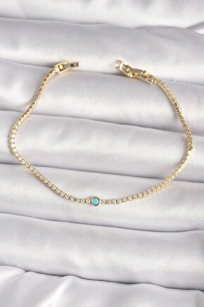 Pirinç Gold Renk Su Yolu Zirkon Taşlı Mavi Taşlı Kadın Bileklik