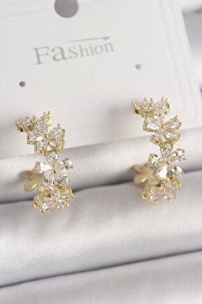Pirinç Gold Renk Zirkon Taşlı Çiçek Işlemeli Halka Model Kadın Küpe