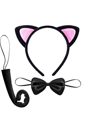 Kedi Kulak Taç Kuyruk ve Papyon 3 lü Set Çocuk Boy Pembe Renk 4767