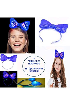 Led Işıklı  Pilli 3 Farklı Modda Yanan Yıldızlı Fiyonk Parti Tacı Mavi Renk 19x15 Cm