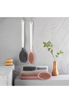 Silikon Masajlı Uzun Saplı Vücut Masaj Fırçası Banyo Sırt Kesesi Saplı Yumuşak Fırça (4767)