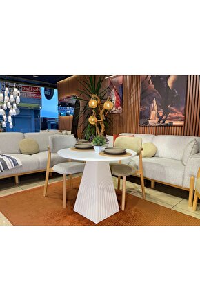 100 cm Yuvarlak Bohem Bej Ahşap Yemek Masası - Bej Krem Mutfak ve Salon Yemek masası