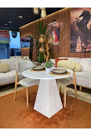 90 cm Yuvarlak Bohem Bej Ahşap Yemek Masası - Bej Krem Mutfak ve Salon Yemek masası