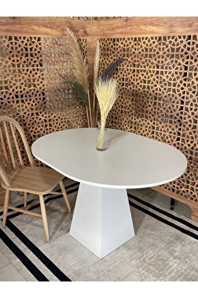 120x90 Cm Yuvarlak Beyaz Ahşap Yemek Masası - Fungi Bohem Serisi - Mutfak Balkon Kafe