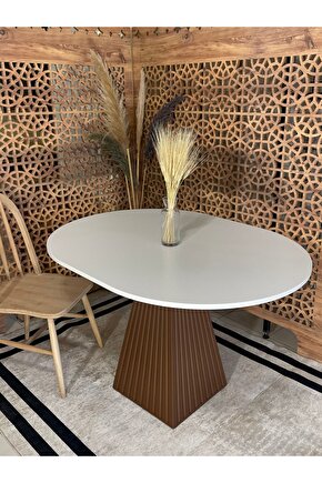 120x90 Cm Yuvarlak Kahverengi Fitilli Ahşap Yemek Masası - Fungi Bohem Serisi - Mutfak Balkon Kafe
