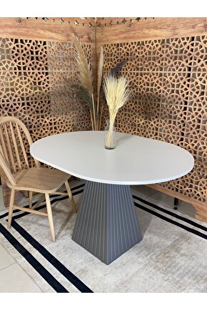120x90 Cm Yuvarlak Antrasit Gri Fitilli Ahşap Yemek Masası - Fungi Bohem Serisi - Mutfak Balkon Kafe