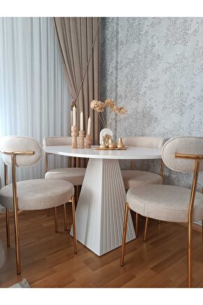 90 Cm Yuvarlak Bej Fitilli Ahşap Yemek Masası - Fungi Serisi - Mutfak Balkon Kafe Masası