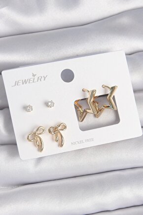 Pirinç Gold Renk Zirkon Taşlı Yıldız Model Fiyonk Detay 3 Çift Kadın Küpe Seti