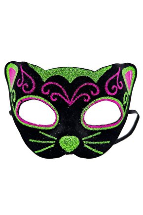 Siyah Kadife Kaplama Üzeri Pembe Yeşil Sim İşlemeli Kedi Maskesi 20x13 cm (CLZ)