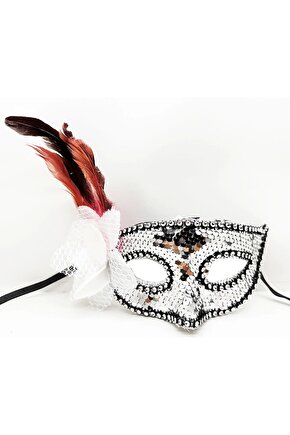 Gümüş Renk Yandan Tüylü Güllü Gümüş Taşlı Pullu Maske 20x22 Cm (4767)