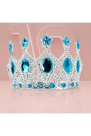 Çocuk Kraliçe Tacı - Mavi Yıldız Işlemeli Prenses Tacı 15x7 Cm