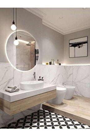 60 cm Beyaz Ledli Yuvarlak Banyo Aynası Makyaj Aynası Trafolu