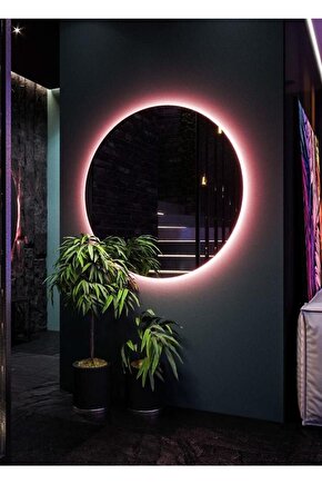 90 Cm Kırmızı Ledli Yuvarlak Banyo Aynası Makyaj Aynası Trafolu