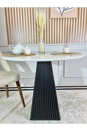 100 Cm Siyah Fitilli Yuvarlak Ahşap Yemek Masası - Fungi Mantar Masa - Balkon Kafe Masası