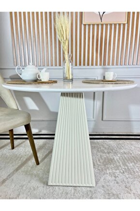 90 Cm Yuvarlak Ahşap Beyaz Fitilli Yemek Masası - Fungi Bohem Mantar Masa - Çalışma Balkon Ve Kafe