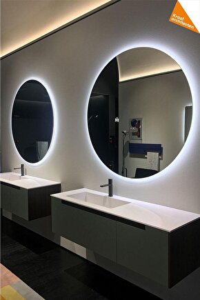 80 Cm Mavi Ledli Yuvarlak Banyo Aynası Makyaj Aynası Trafolu