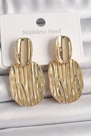 Muı Muı Pirinç Gold Renk Sallantı Kare Plaka Model Kadın Küpe