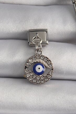 316l Çelik Gümüş Renk Sallantı Zirkon Taşlı Göz Model Nazar Boncuk Detay Nomination Charm