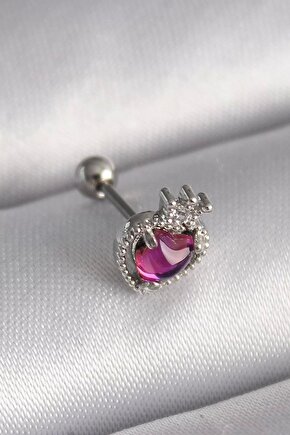 316l Çelik Gümüş Renk Pembe Mineli Kalp Zirkon Taş Detaylı Taç Tragus Piercing
