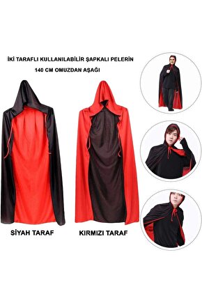 Çift Taraflı Kullanılabilir Siyah Kırmızı Kapişonlu Pelerin 140 Cm Yetişkin (4767)
