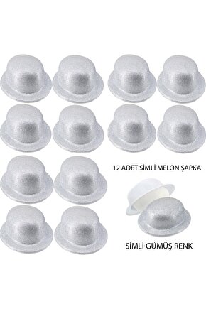 Gümüş Renk Simli Melon Yuvarlak Parti Şapkası 12 Adet (4401)