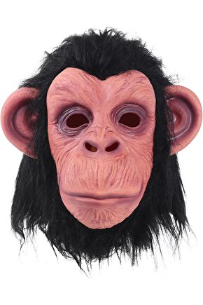 Siyah Saçlı Kafaya Tam Geçmeli Lateks Şempanze Maskesi - Lateks Maymun Orangutan Goril Maske Et Mask